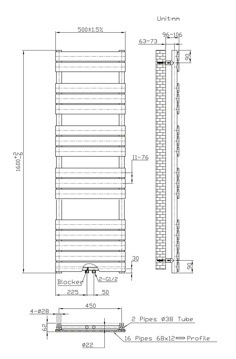Handdoek verwarming Wit SaniSupreme Elvora 160x50cm 791 W Aansluiting midden