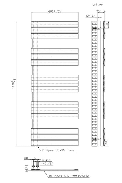Handdoek verwarming Wit SaniSupreme Norevo 160x60cm 864 W Aansluiting Links