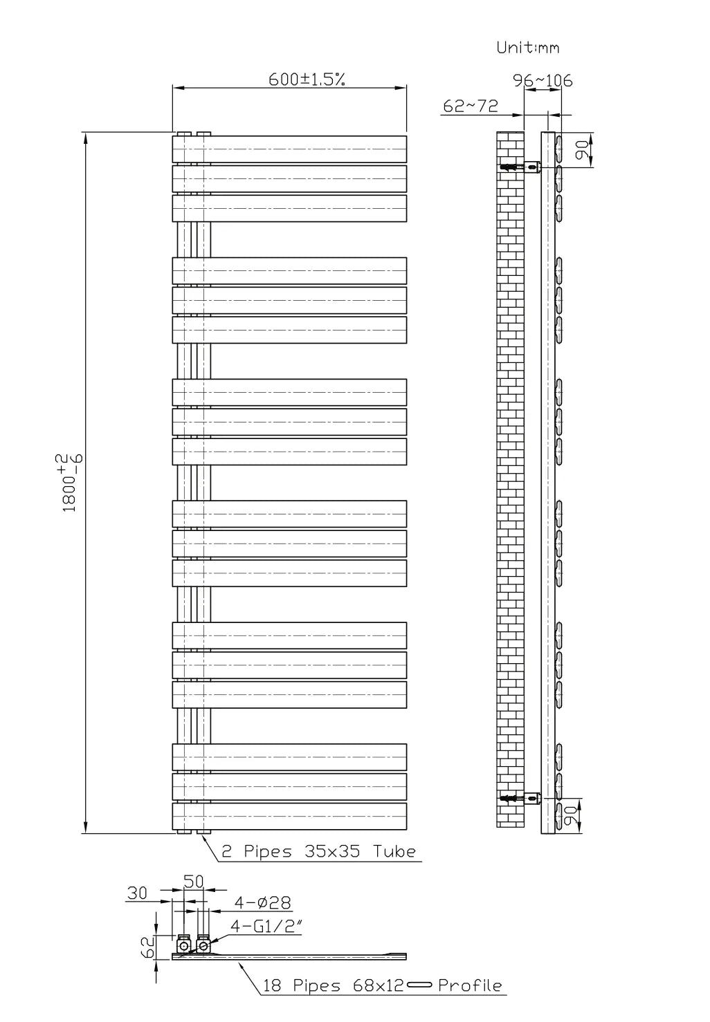 Handdoek verwarming Wit SaniSupreme Torvyn 180x60cm 1021 W Aansluiting Links
