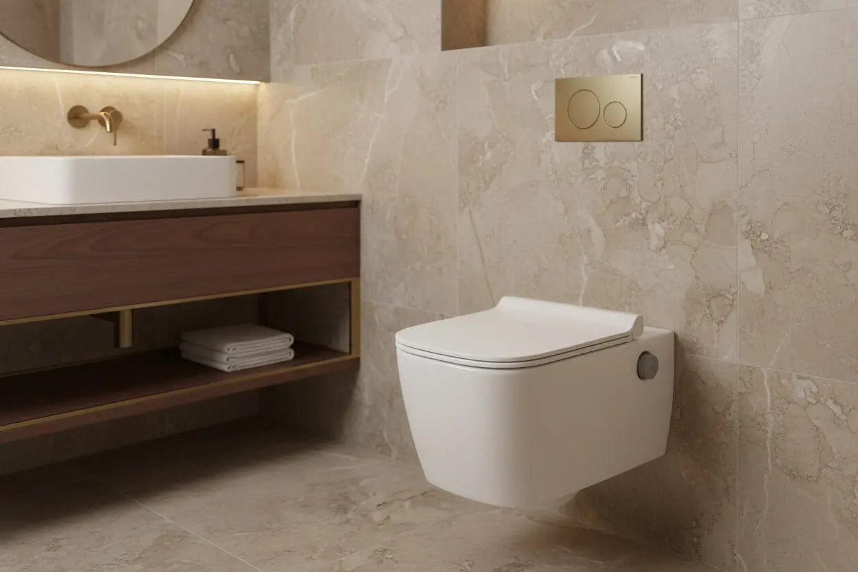 Hangtoilet Caimbra Glanzend Wit met zitting en bidetfunctie warm en koud water randloos SaniSupreme