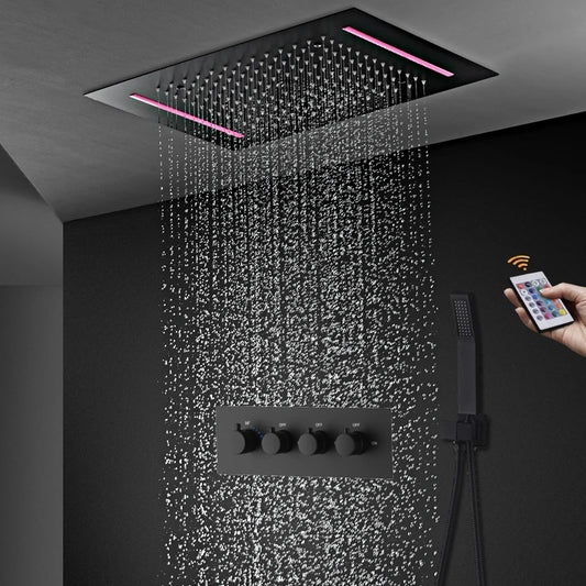 SaniSupreme® AquaTherme Ensemble de douche thermostatique au plafond Genoa Douche de pluie LED à 3 voies encastrée au plafond Noir mat