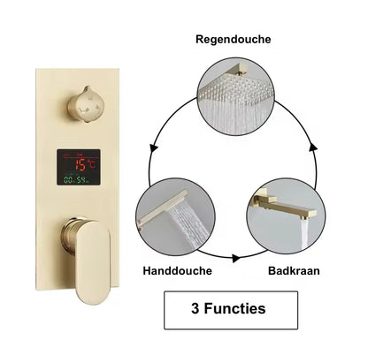 SaniSupreme®SmartPulse Inbouw Plafond Thermostatische Doucheset Manhattan LCD 3 weg LED regendouche La Paz Goud Geborsteld Sanisupreme