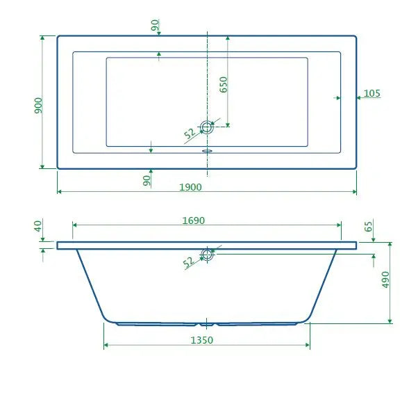 Inbouw bad Aurovanto Glans Wit zonder poten rechthoek 190x90x49 SaniSupreme
