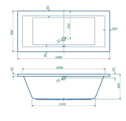 Inbouw bad Aurovanto Glans Wit zonder poten rechthoek 190x90x49 SaniSupreme