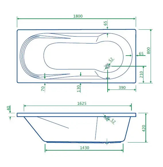 Inbouw ligbad Elvarenne Glans Wit zonder poten rechthoek met douchegedeelte 180x80x42 SaniSupreme