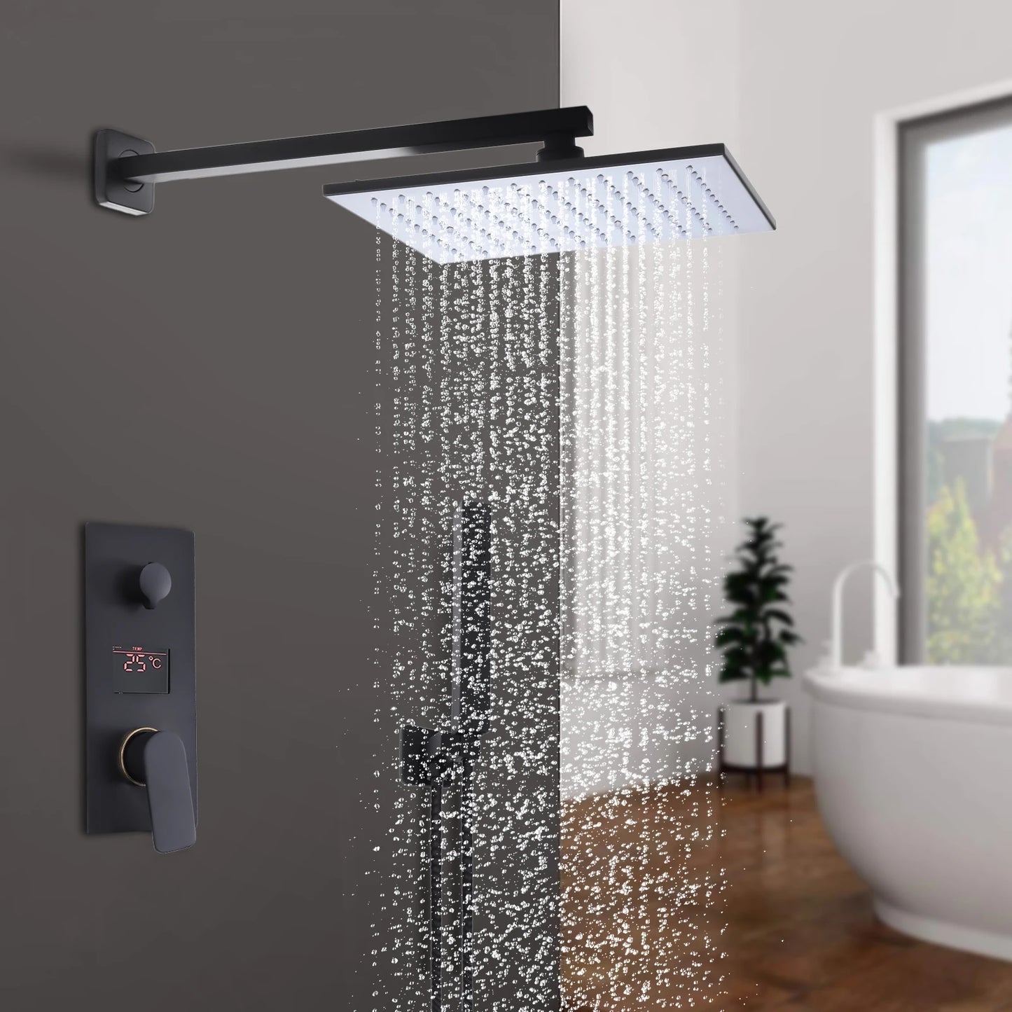 SaniSupreme Shower set New York Premium de Luxe LCD 10 inch rain shower square 2-way black built-in