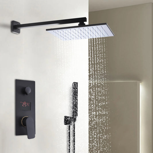 SaniSupreme Ensemble de douche New York Premium de Luxe LCD 10 pouces douche à effet de pluie carré 2 voies noir encastrable