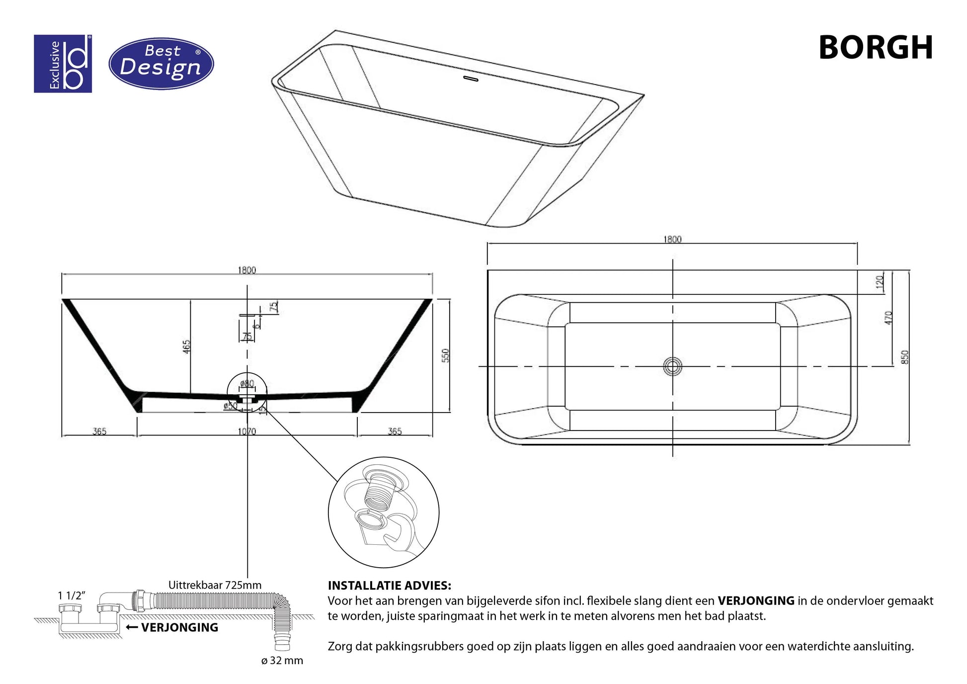 Luxora 180 cm half vrijstaand ligbad Zwart SaniSupreme