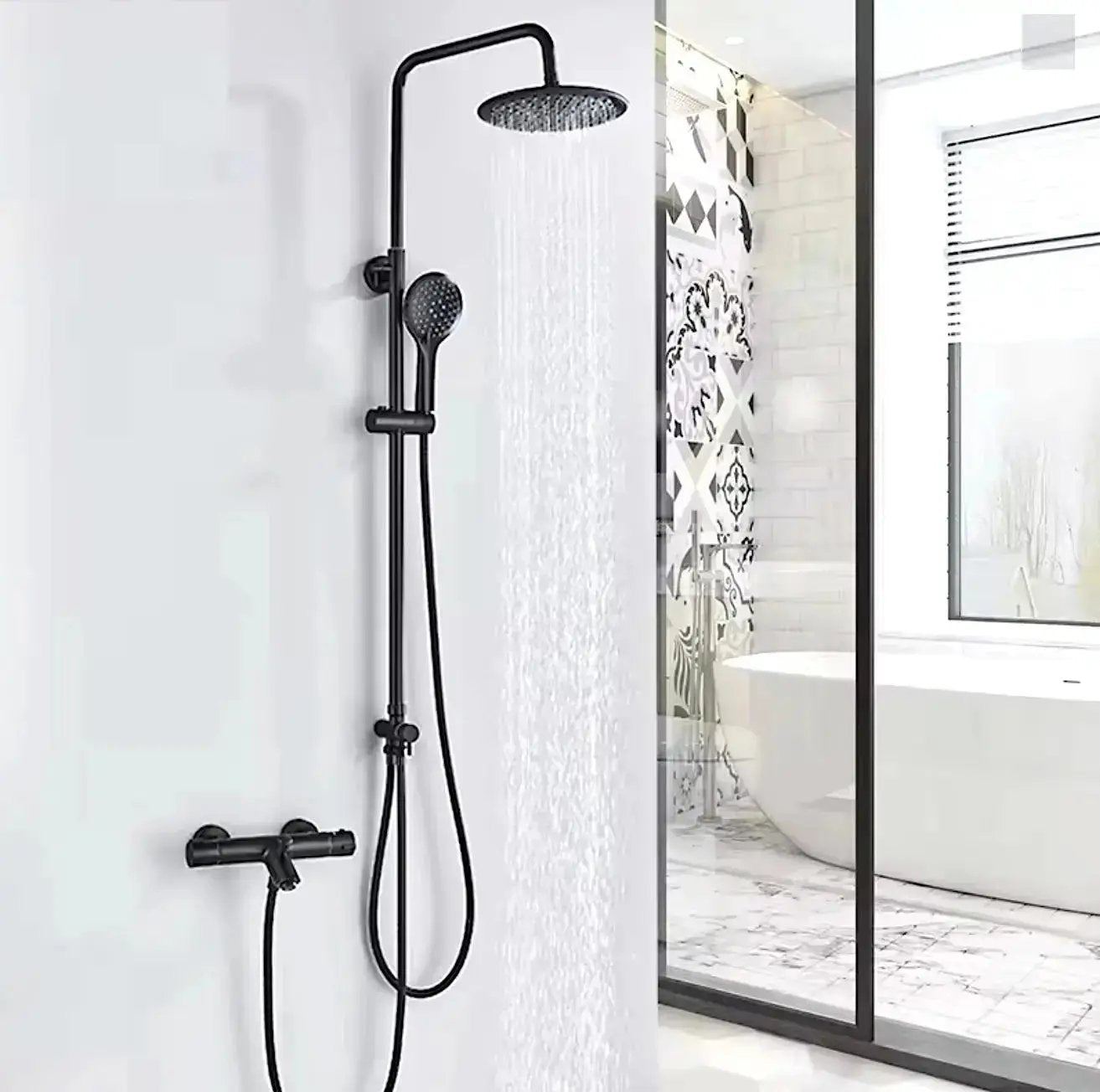 SaniSupreme Malibu opbouw bad doucheset thermostatisch 20 cm. mat zwart rond Sanisupreme