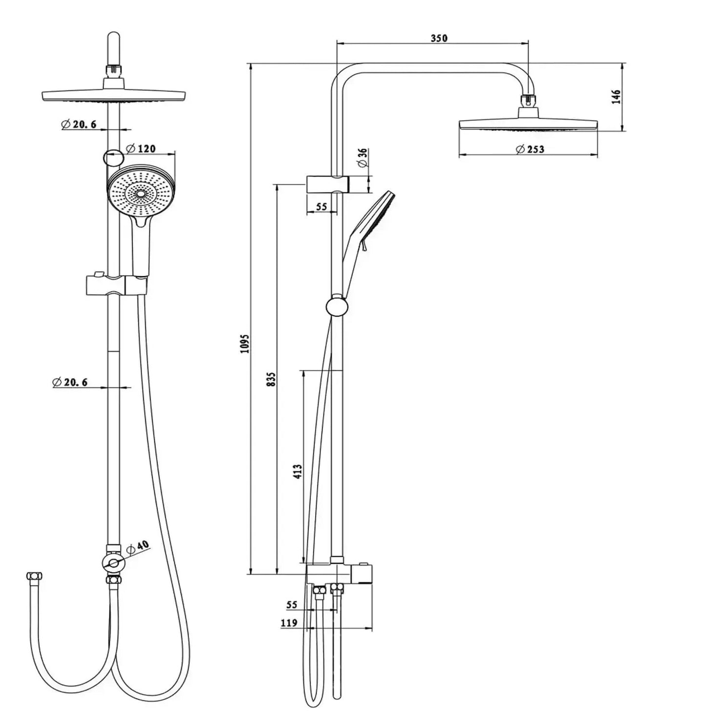 SaniSupreme Malibu opbouw bad doucheset thermostatisch 20 cm. mat zwart rond Sanisupreme