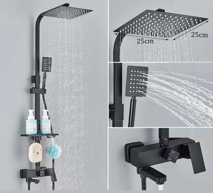 SaniSupreme Arizona surface-mounted bath shower set with bath spout 12 inch rain shower matt black square