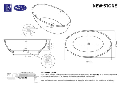 Monteré 180 cm vrijstaand bad Glans Wit SaniSupreme