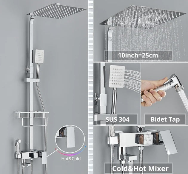 SaniSupreme California Premium opbouw bad doucheset met baduitloop 4 weg 30 cm. regendouche chroom vierkant