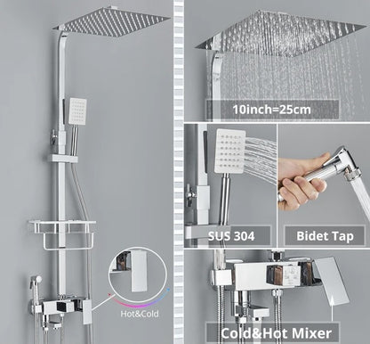 SaniSupreme California Premium opbouw bad doucheset met baduitloop 4 weg 30 cm. regendouche chroom vierkant