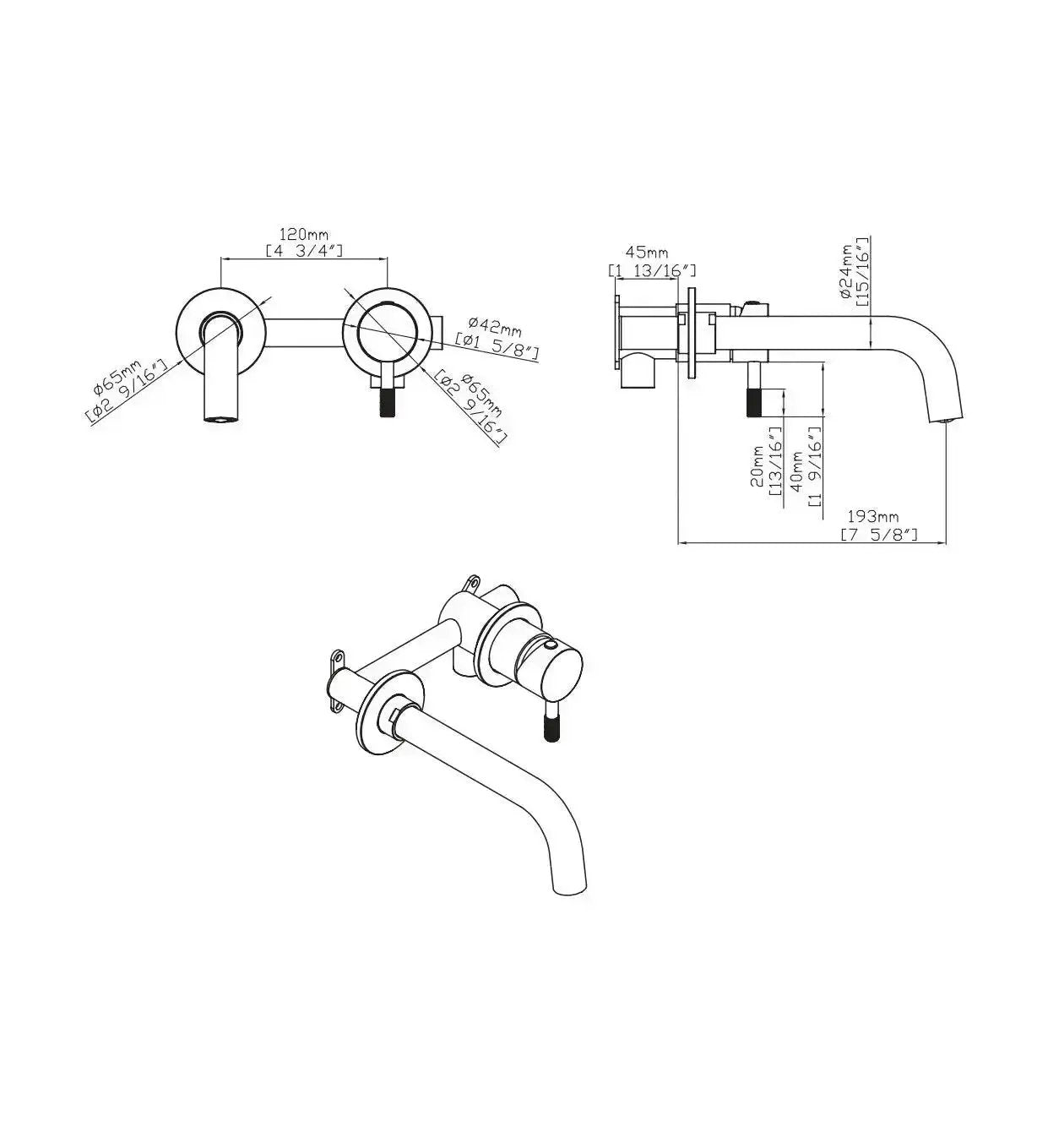Technische tekening en maatspecificaties van het Stria inbouw wastafelkraan afbouwdeel (PRM1415-RVS), inclusief afmetingen in millimeters en inches.