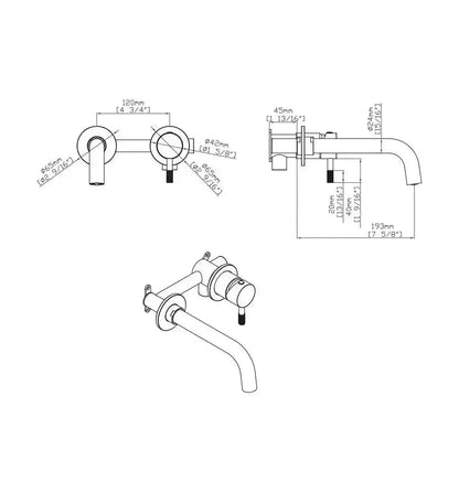 Technische tekening en maatspecificaties van het Stria inbouw wastafelkraan afbouwdeel (PRM1415-RVS), inclusief afmetingen in millimeters en inches.