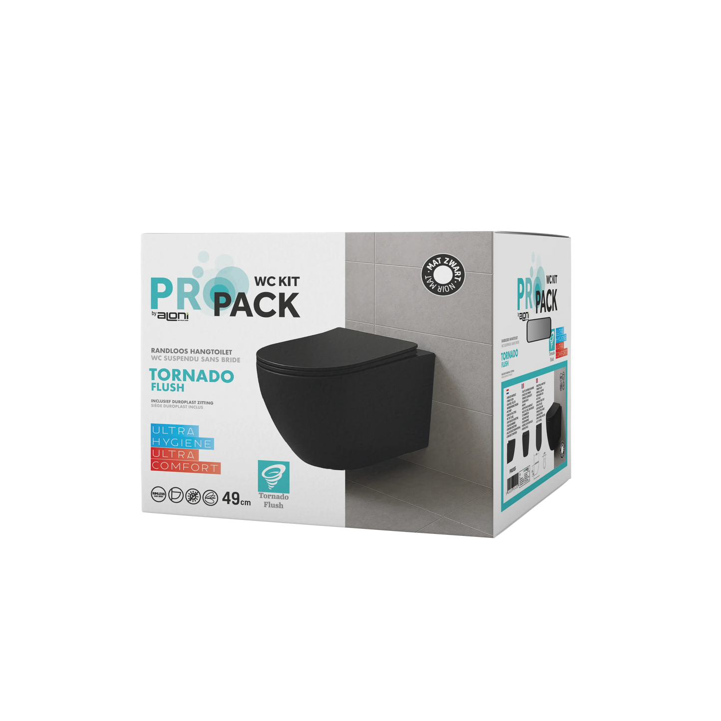 SaniSupreme Aloni Pro hangtoilet / ophang WC – tornado flush – randloos – met zitting – compact 49 cm – mat zwart SaniSupreme