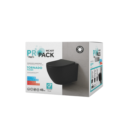 SaniSupreme Aloni Pro hangtoilet / ophang WC – tornado flush – randloos – met zitting – compact 49 cm – mat zwart SaniSupreme