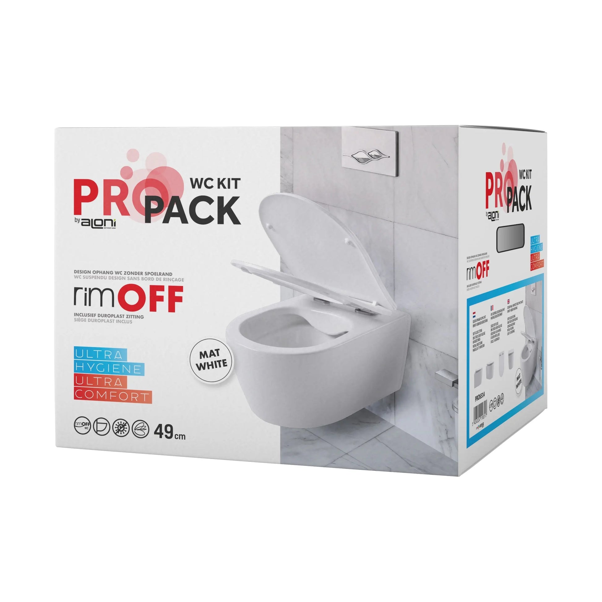 SaniSupreme Aloni Pro hangtoilet / ophang WC – randloos – met zitting – compact 49 cm – mat wit SaniSupreme