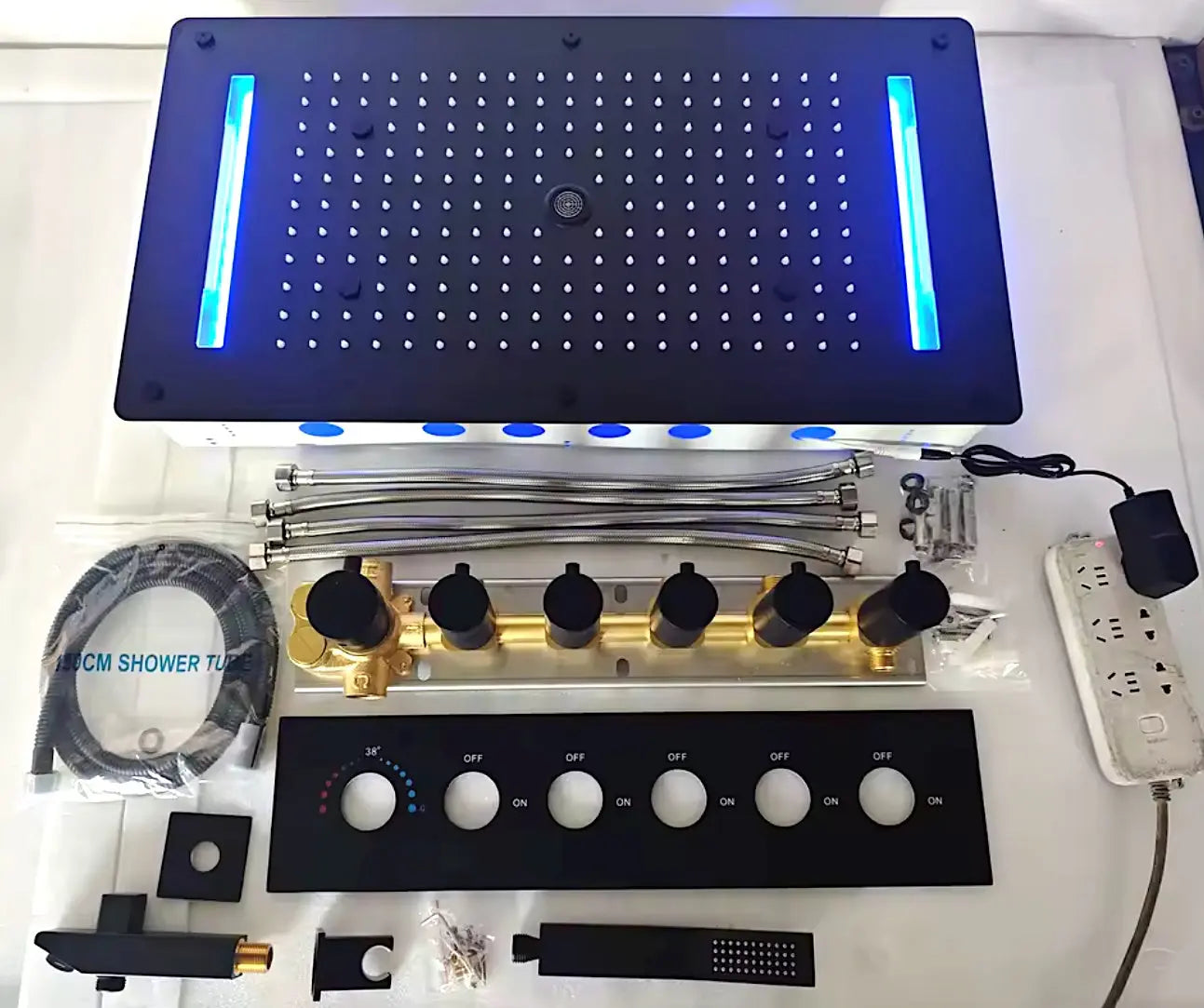 SaniSupreme® AquaTherme Plafond Thermostatische Doucheset Napels 5 weg Plafond LED regendouche Mat Zwart Sanisupreme