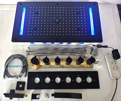 SaniSupreme® AquaTherme Plafond Thermostatische Doucheset Napels 5 weg Plafond LED regendouche Mat Zwart Sanisupreme