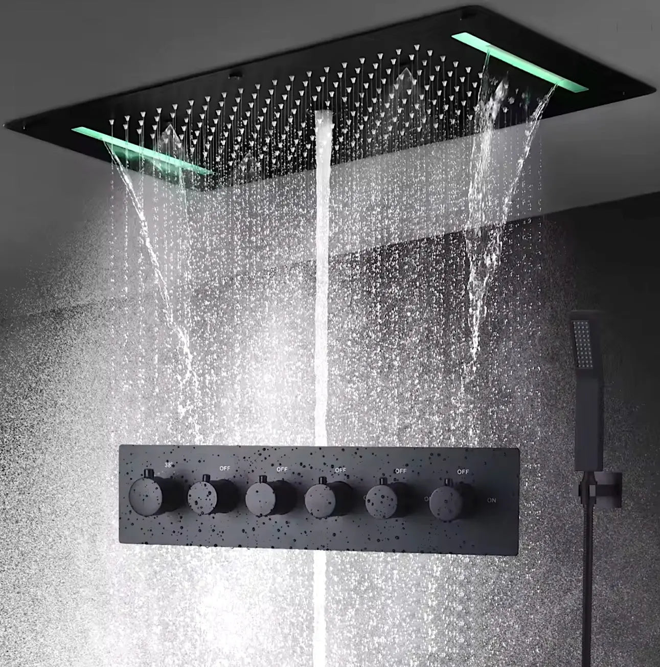 SaniSupreme® AquaTherme Plafond Thermostatische Doucheset Napels 5 weg Plafond LED regendouche Mat Zwart Sanisupreme