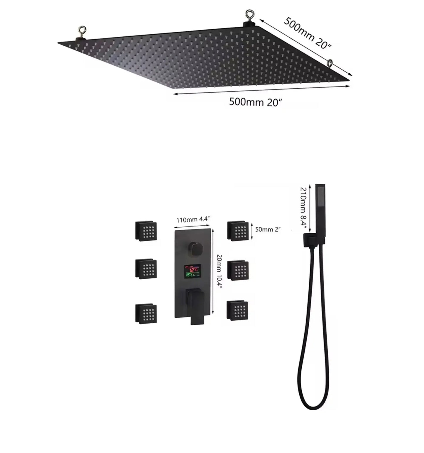 SaniSupreme Doucheset Manhattan Premium Wellness LCD 50 cm plafond regendouche met inbouw muurjets zwart inbouw Sanisupreme