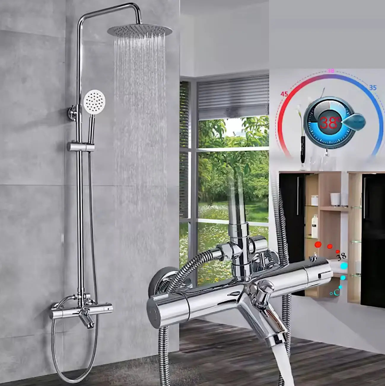 SaniSupreme Florida opbouw bad doucheset 30 cm. 3-weg regendouche met baduitloop rond chroom Sanisupreme