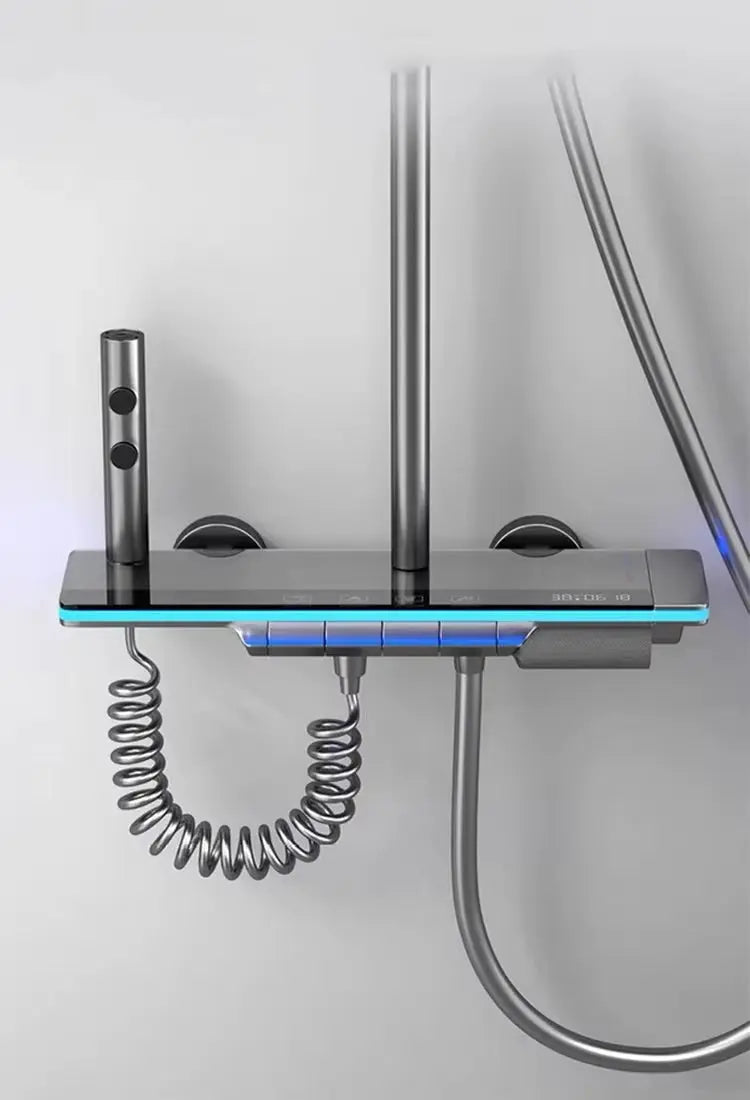 SaniSupreme AquaFlow LCD Thermostatisch opbouw doucheset 4-weg systeem 31 x 25 cm. regendouche gunmetal Sanisupreme