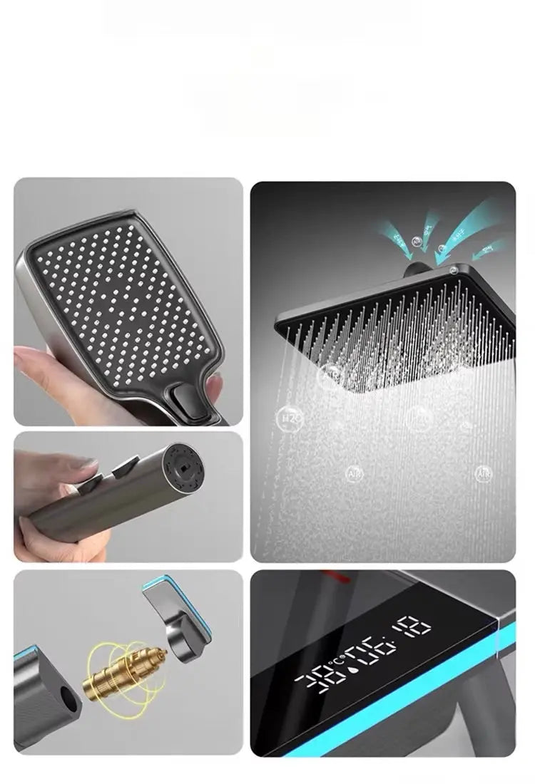 SaniSupreme AquaFlow LCD Thermostatisch opbouw doucheset 4-weg systeem 31 x 25 cm. regendouche gunmetal Sanisupreme