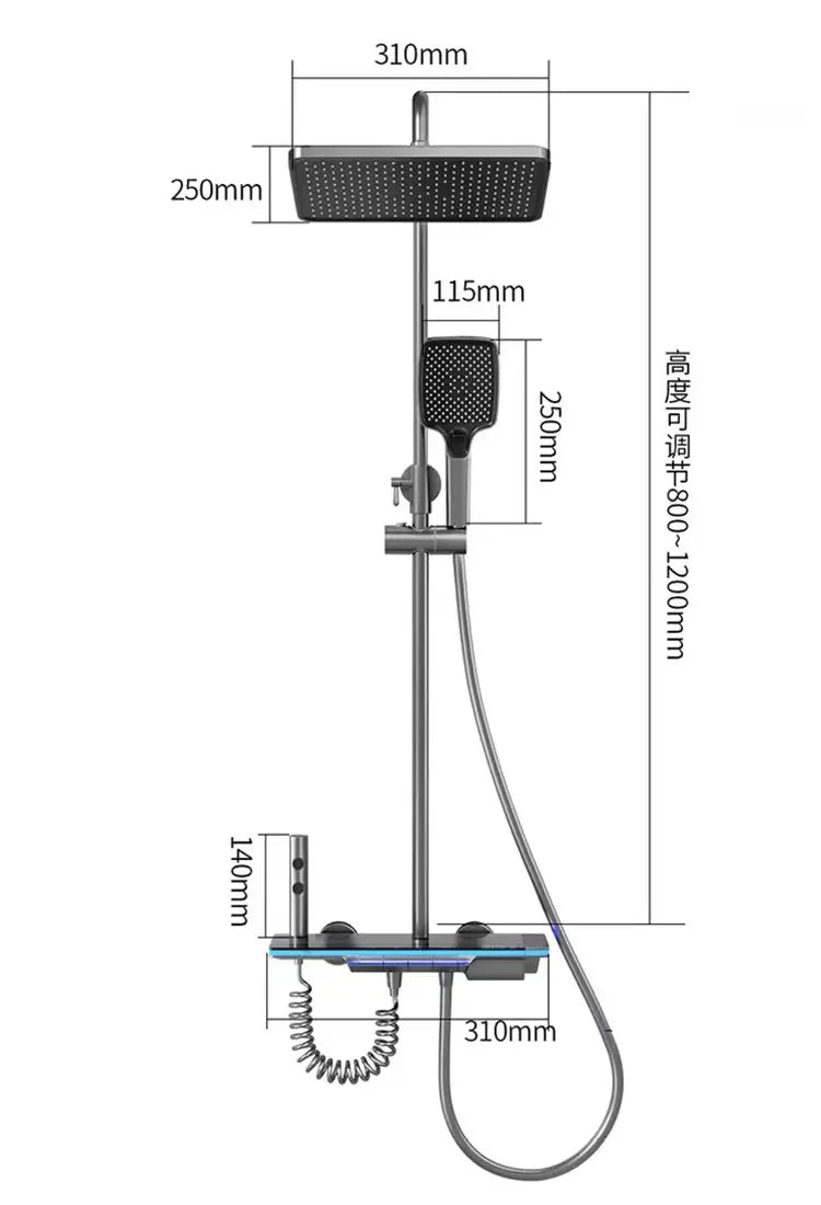 SaniSupreme AquaFlow LCD Thermostatisch opbouw doucheset 4-weg systeem 31 x 25 cm. regendouche gunmetal Sanisupreme
