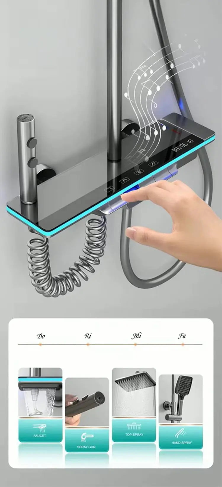 SaniSupreme AquaFlow LCD Thermostatisch opbouw doucheset 4-weg systeem 31 x 25 cm. regendouche gunmetal Sanisupreme