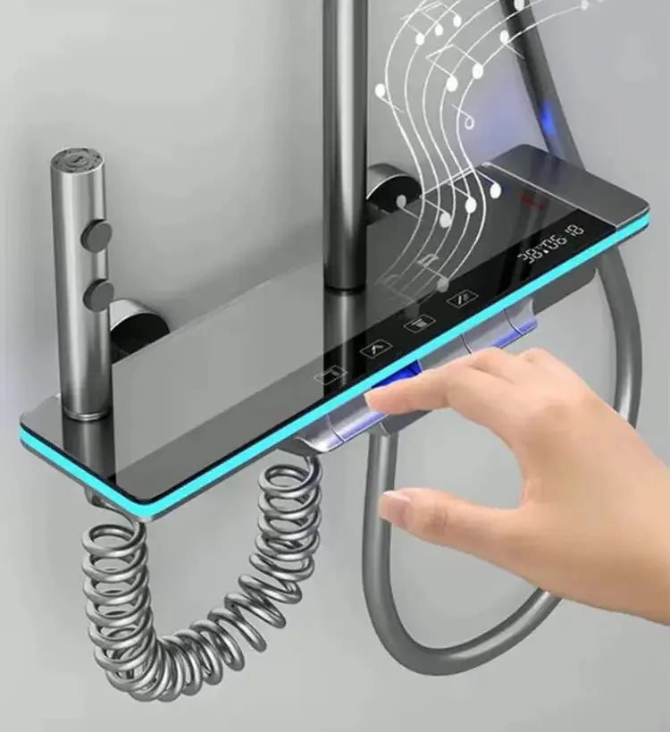 SaniSupreme AquaFlow LCD Thermostatisch opbouw doucheset 4-weg systeem 31 x 25 cm. regendouche mat zwart Sanisupreme