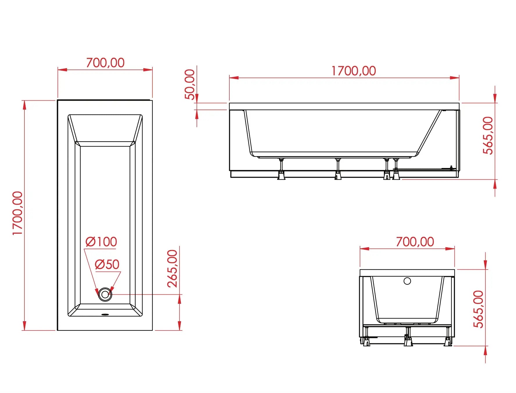 SaniSupreme Inbouw Ombouw Bad AquaTherme Plus Acryl glanzend wit 170x70x56.5 SaniSupreme