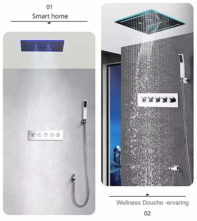 SaniSupreme® ThermePlus Quadro Chroom Plafond Thermostatische Doucheset 4 weg LED Chroom Sanisupreme