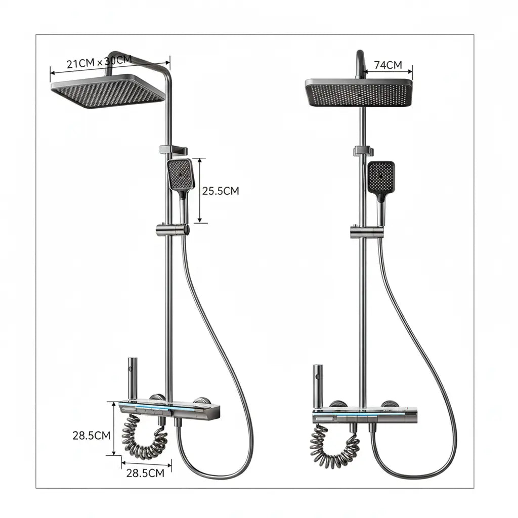 SaniSupreme AquaSense LCD Thermostatisch opbouw doucheset 4-weg systeem 31 x 25 cm. regendouche mat zwart