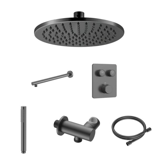 SaniSupreme Lunvero Push 30 Inbouw Regendoucheset Gunmetal met Thermostaat en Drukknoppen