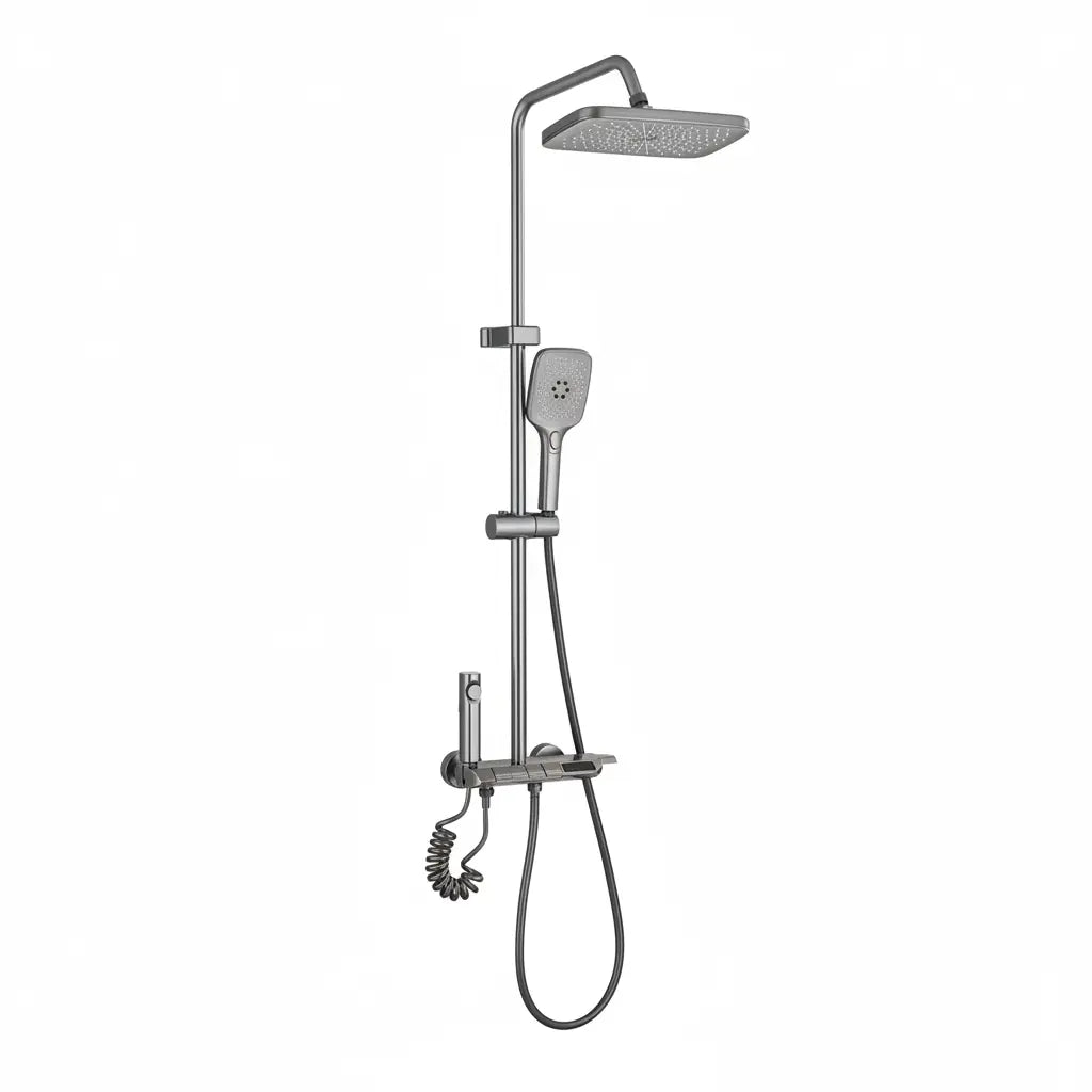 SaniSupreme Montana Premium opbouw baddoucheset 4-weg met baduitloop en bidet regendouche 28x18 cm Gunmetal grijs
