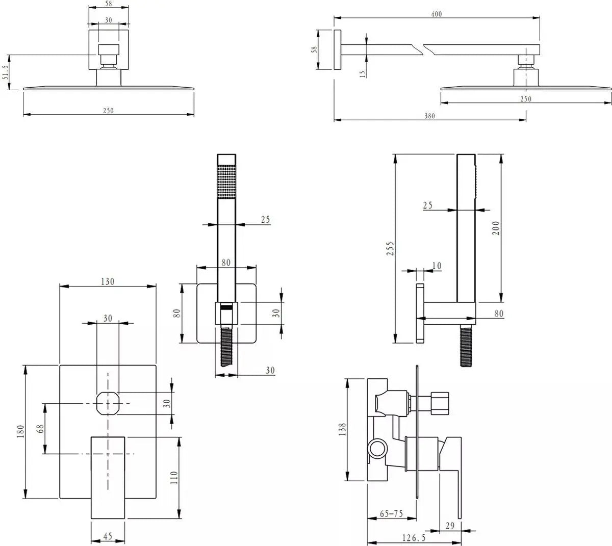 SaniSupreme Doucheset Costa Rica 20 cm. regendouche vierkant 2-weg zwart inbouw Sanisupreme