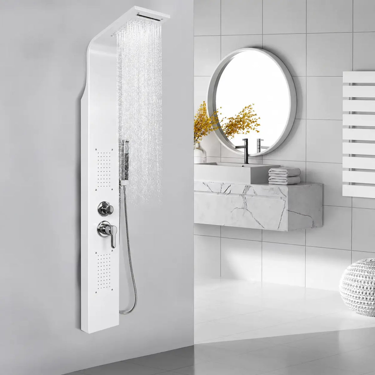 SaniSupreme Verio Douchepaneel Mat Wit met Regendouche, Waterval, Massagejets, 3-Standen Handdouche en Baduitloop 20x7x140 cm SaniSupreme