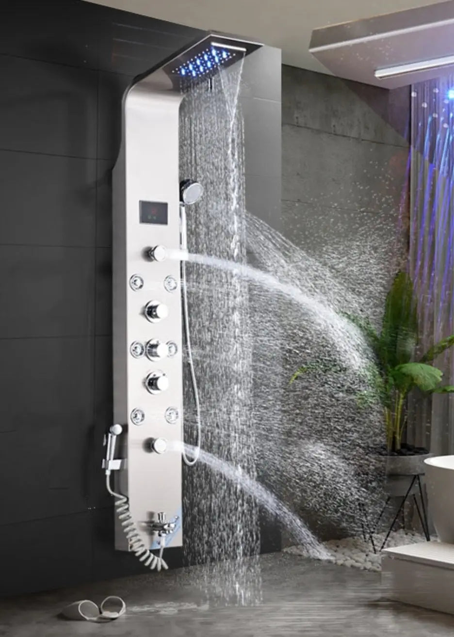 Tweedekans! Douchepaneel Opbouwdouche SaniSupreme® Sicilie met hand- en voetendouche LCD Premium rvs brushed TK3 Sanisupreme