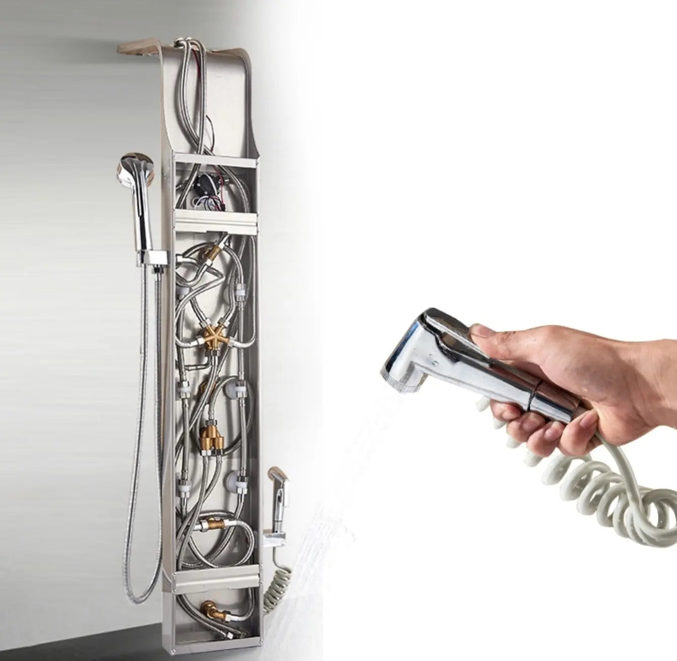 Tweedekans! Douchepaneel Opbouwdouche SaniSupreme® Sicilie met hand- en voetendouche LCD Premium rvs brushed TK3 Sanisupreme