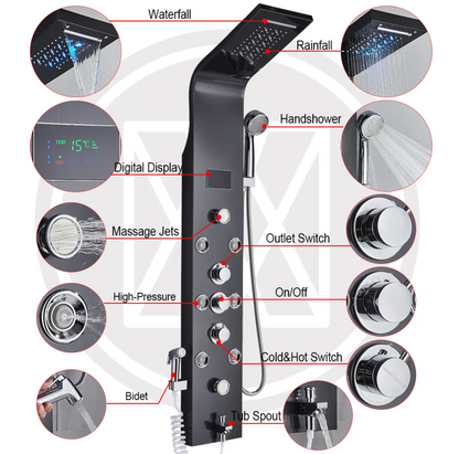 TWEEDEKANS! Douchepaneel Opbouwdouche SaniSupreme® Sicilie met hand- en voetendouche LCD Premium mat zwart TK2 Sanisupreme