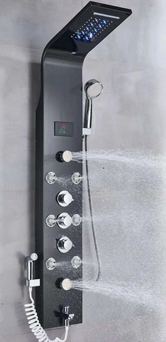 TWEEDEKANS! Douchepaneel Opbouwdouche SaniSupreme® Sicilie met hand- en voetendouche LCD Premium mat zwart TK2 Sanisupreme