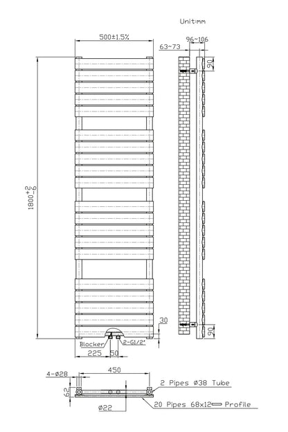 Handdoek verwarming Wit SaniSupreme Novento 180x50cm 936 W Aansluiting midden SaniSupreme