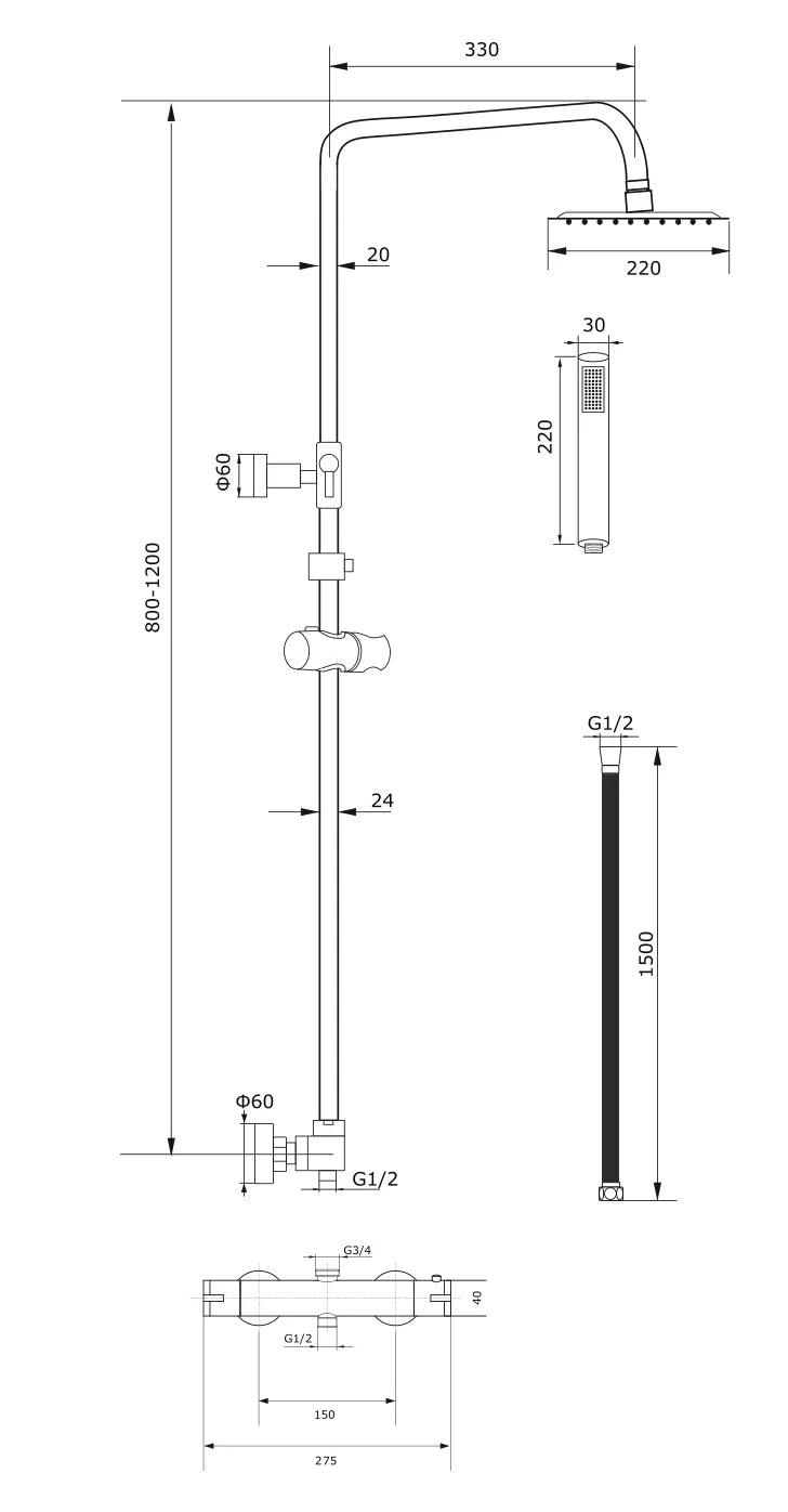 Regendoucheset Aloni Optima Rondo Mat Zwart opbouw Thermostatisch 20 cm SaniSupreme Sanisupreme