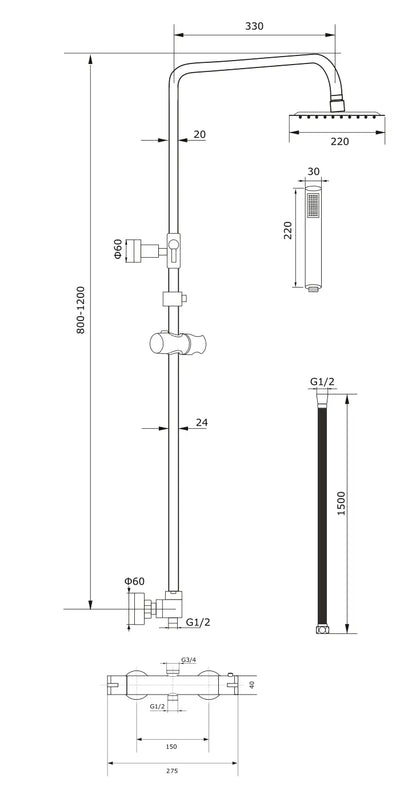 Regendoucheset Aloni Optima Rondo Mat Zwart opbouw Thermostatisch 20 cm SaniSupreme Sanisupreme