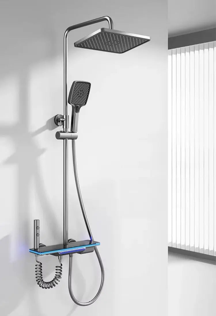 SaniSupreme AquaFlow LCD Thermostatisch opbouw doucheset 4-weg systeem 31 x 25 cm. regendouche gunmetal Sanisupreme