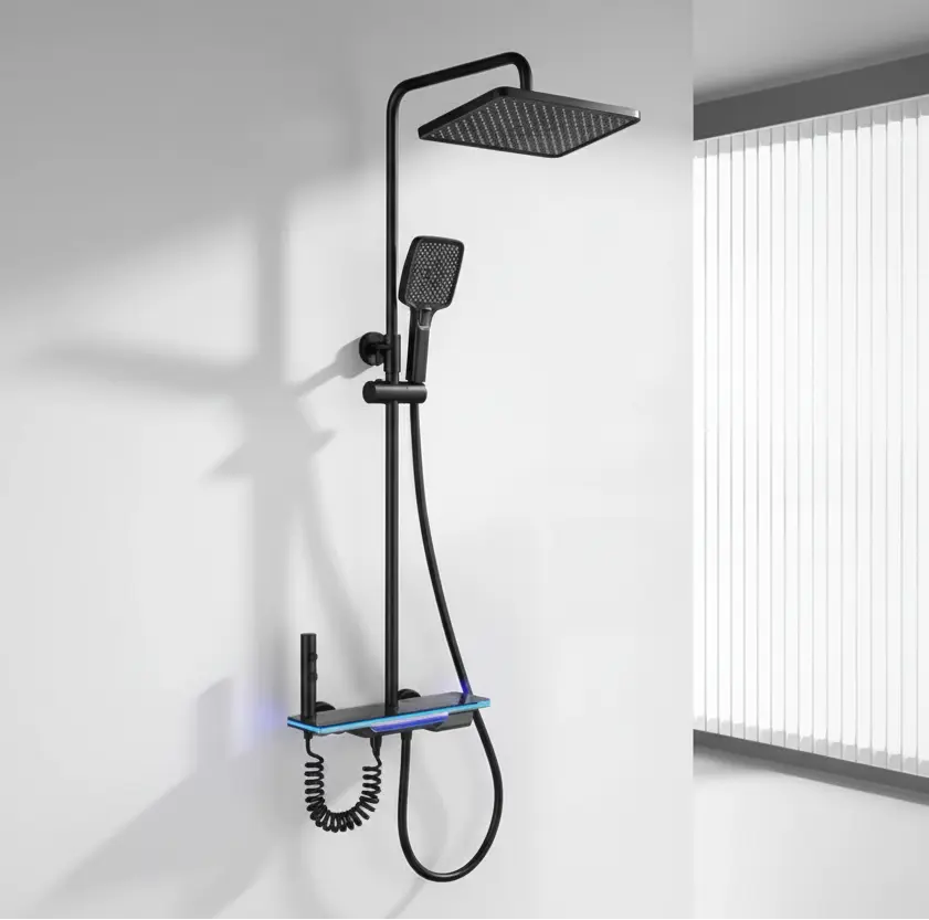 SaniSupreme AquaFlow LCD Thermostatisch opbouw doucheset 4-weg systeem 31 x 25 cm. regendouche mat zwart Sanisupreme