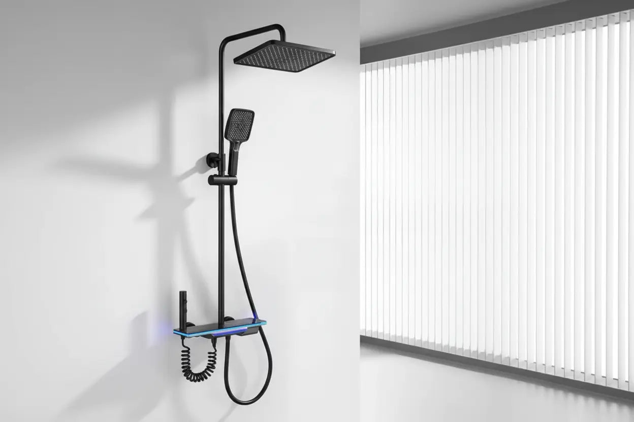 SaniSupreme AquaFlow LCD Thermostatisch opbouw doucheset 4-weg systeem 31 x 25 cm. regendouche mat zwart Sanisupreme